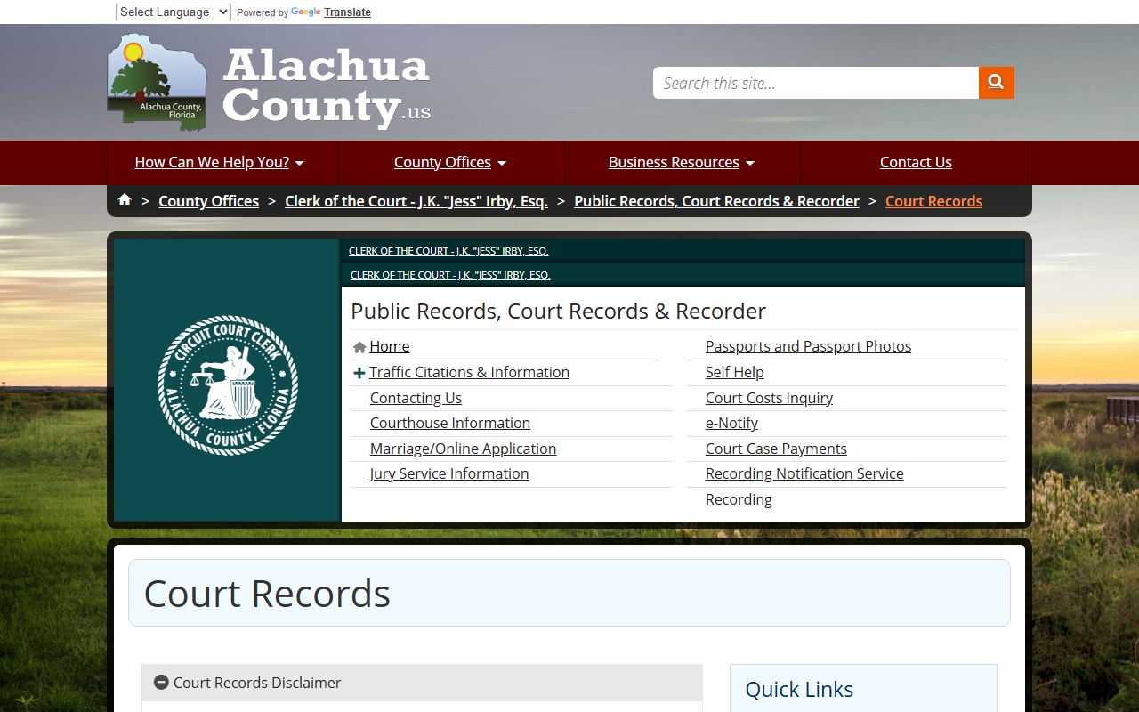 Alachua County DUI records source screenshot