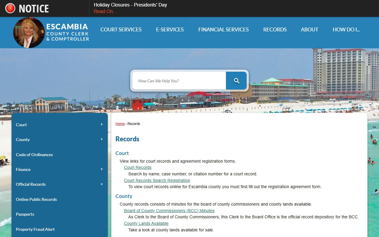 Escambia County DUI records source screenshot