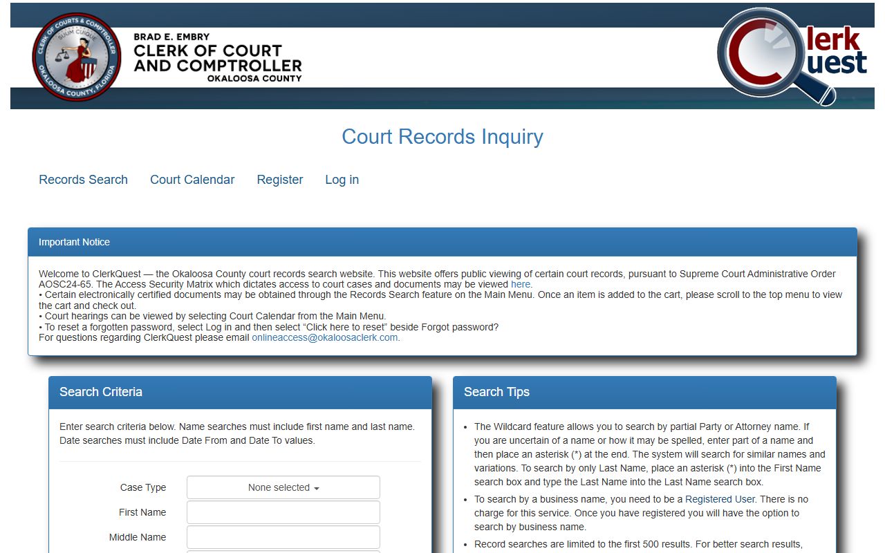 Okaloosa County DUI records source screenshot