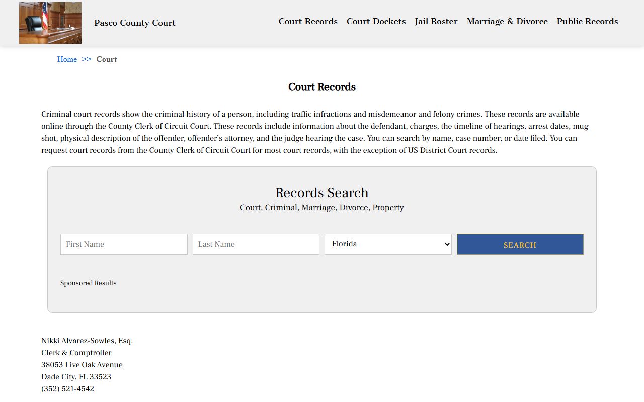 Pasco County DUI records source screenshot